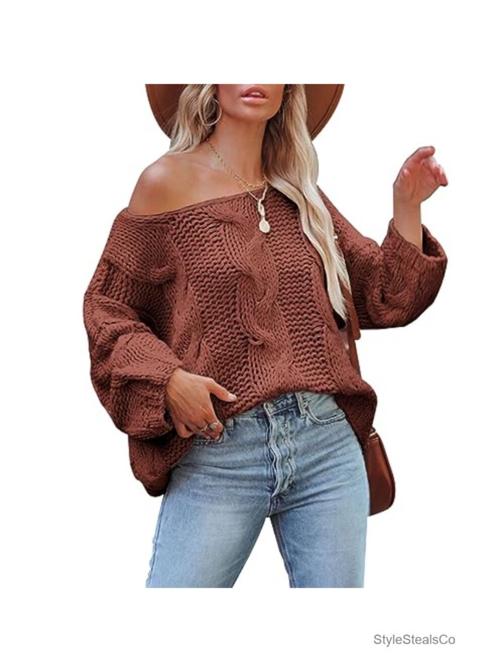 Womens Oversized Knit Crewneck Off Shoulder Long Sleeve Pullover Sweater Top